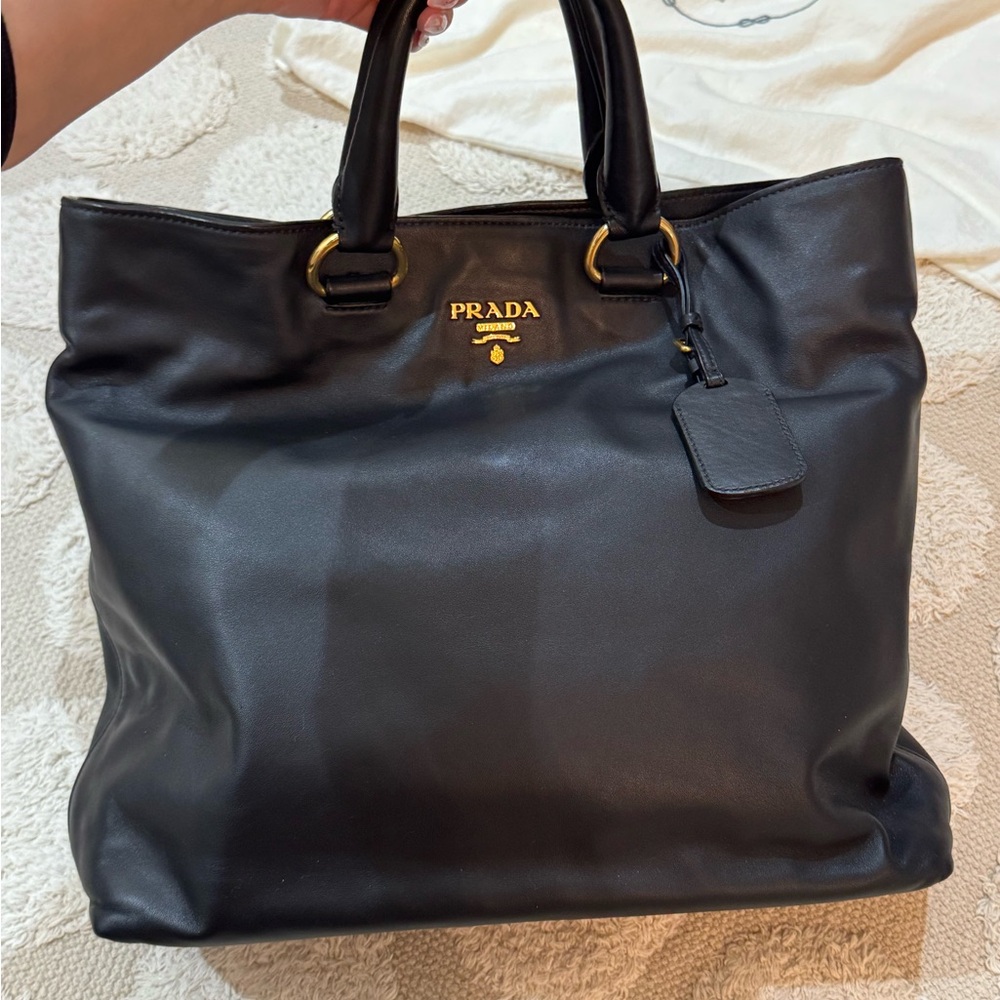 Prada Black Leather Tote with Gold Accents and shoulder strap